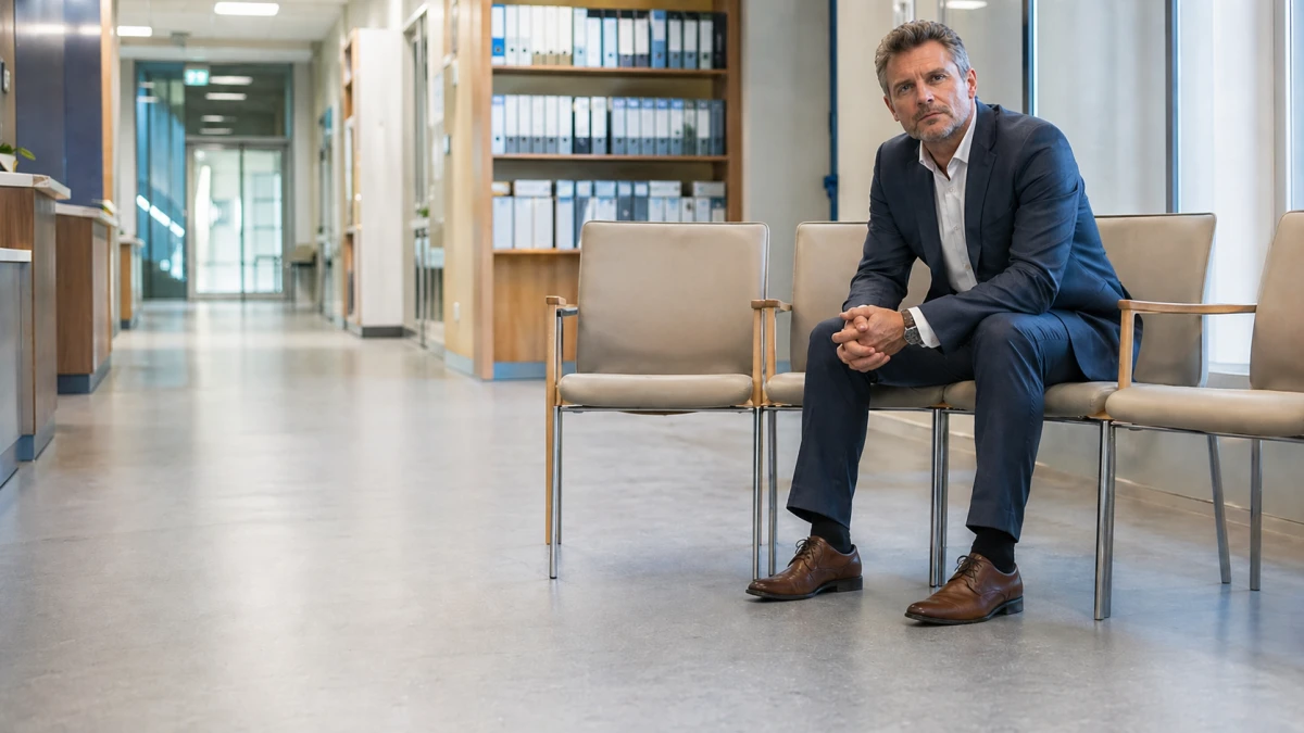 Eine nachdenkliche Pflegekraft und ein Angestellter in einem hellen Wartebereich als Symbol für die geplante Gesundheitsreform.