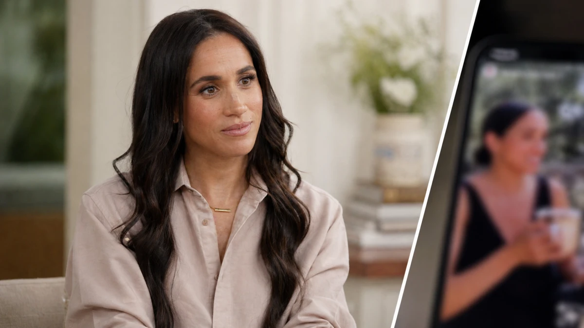 Herzogin Meghan in einem hellen realistischen Pressefoto-Setting mit ruhiger unterer Bildfläche für Text