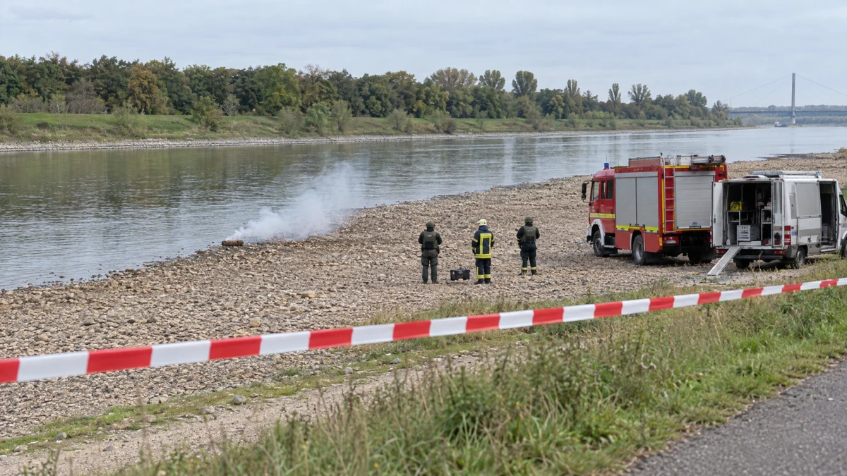 Niedrigwasser lässt Phosphor-Bombe am Rheinufer in Neuss brennen