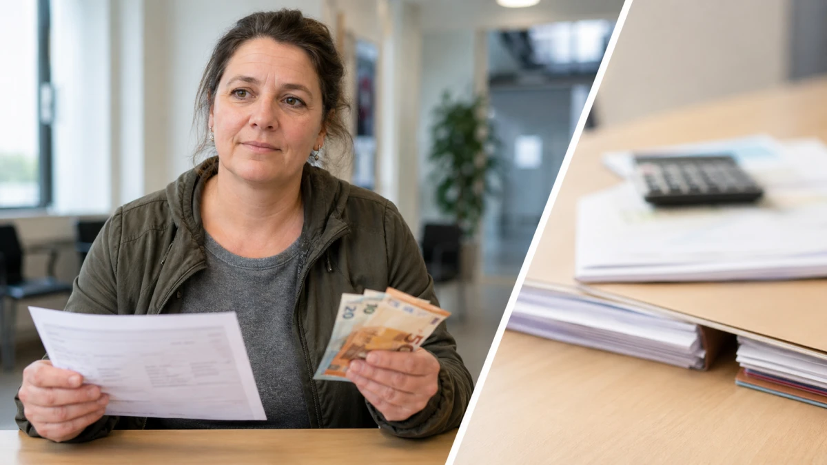 Beschäftigter mit Lohnabrechnung und Geldscheinen, daneben Jobcenter-Unterlagen als Symbol für Bürgergeld und Entlastungsprämie